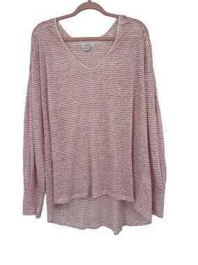Sundance Womens Red & White 100% Linen Striped V-Neck Long Sleeve Top XL knit